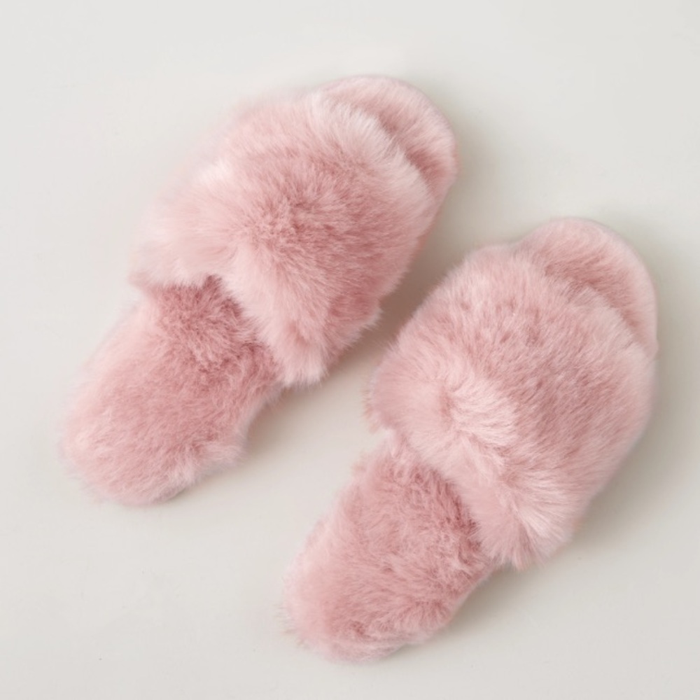 RESTORATION HARDWARE Kashmir Faux Fur Slipper Slides in Dusty Rose